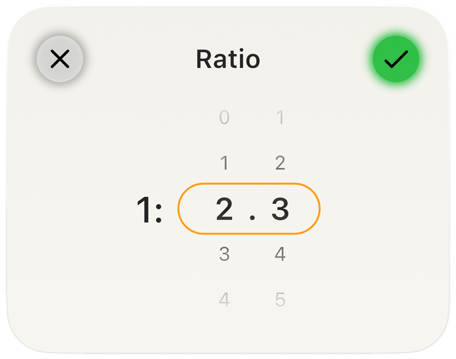 The app interface for adjusting brew ratios.